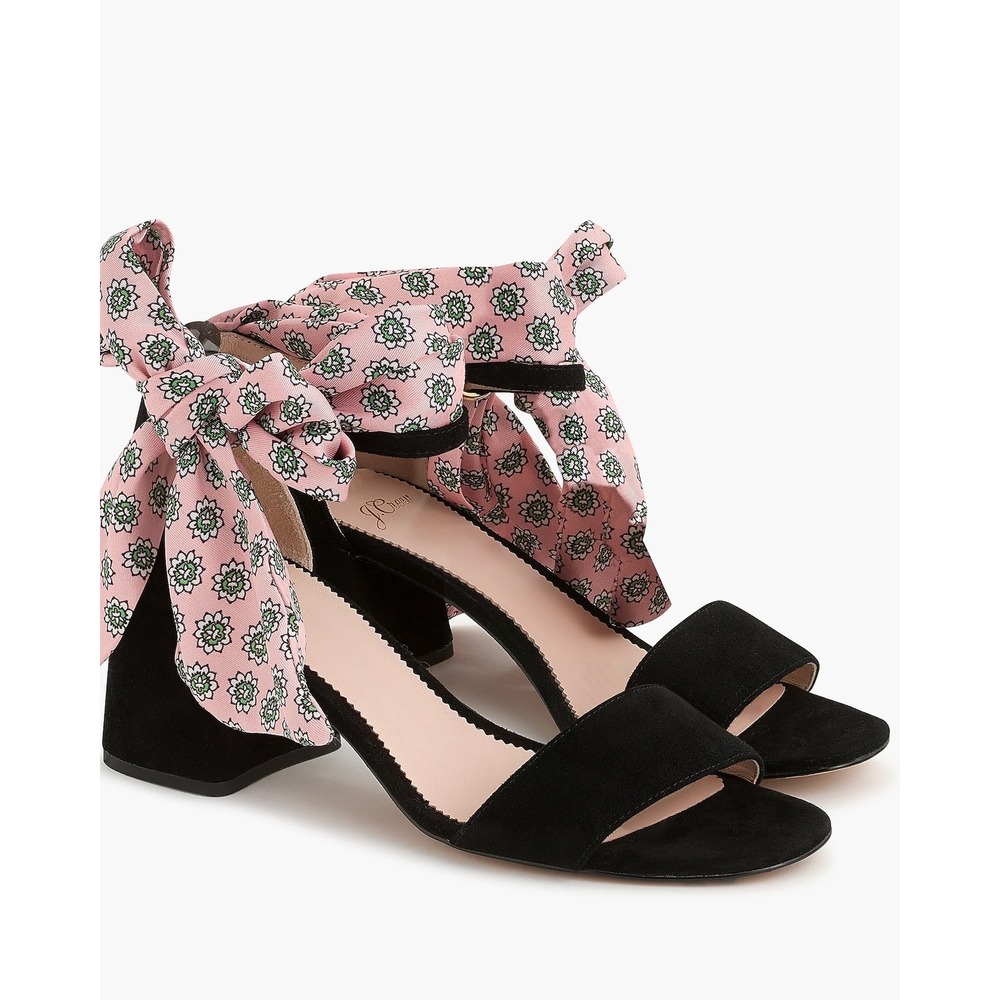 J.Crew Penny Ankle Strap Sandals Scarf Tie Black Suede Block Heel Size 8.5